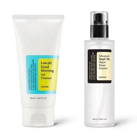 COSRX Low pH Gel Cleanser with snail mucin and 96 Mucin Power Essence set, featuring cleanser and essence bottles on a white background.