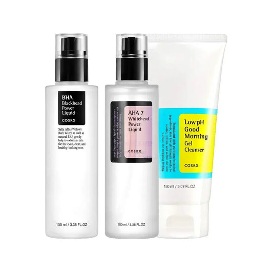 COSRX Night Skin Care Set with BHA Blackhead Water, Good Morning Gel, and Advance Snail 85 Power Essence in 350ml bottles.