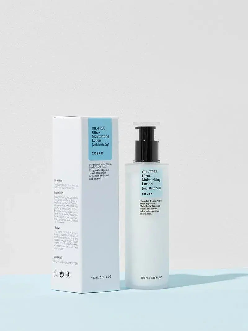 COSRX Oil-Free Ultra Moisturizing Lotion with Birch Sap in a 100ml bottle, showing the lotion and packaging.