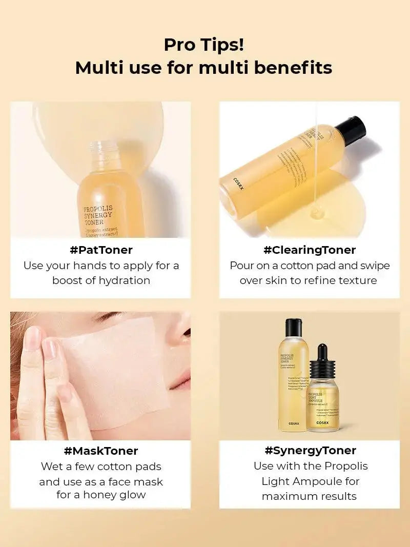 COSRX Propolis Synergy Toner in 150ml bottle, featuring natural ingredients and a clear liquid formulation for skin nourishment.