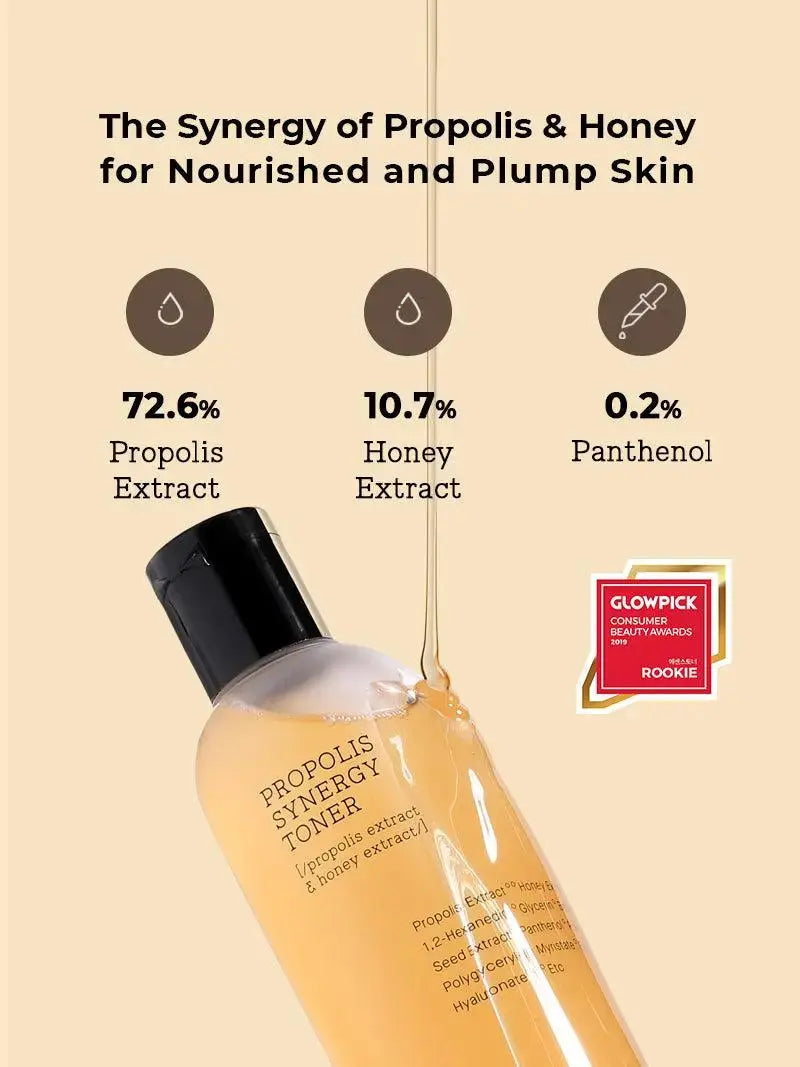 COSRX Propolis Synergy Toner in a 150ml bottle, featuring a clear bottle with a white cap and label, suitable for skincare.