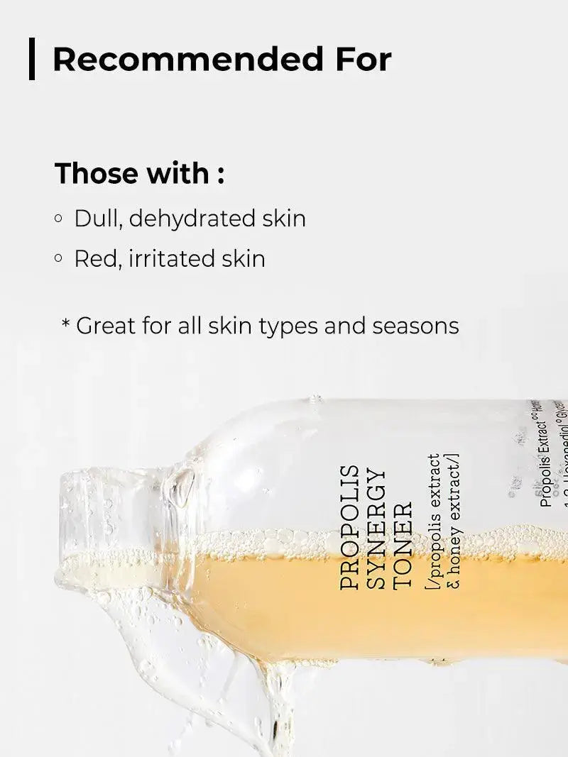COSRX Propolis Synergy Toner in a 150ml bottle, featuring a clear liquid with a pump dispenser and natural ingredients visible inside.