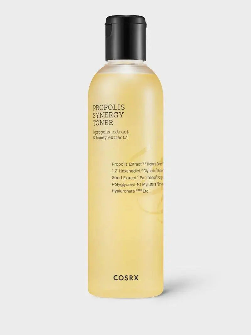 COSRX Propolis Synergy Toner in 150ml bottle, featuring a clear liquid with a natural, nourishing appearance.