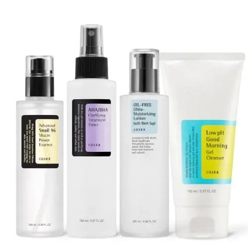 COSRX Skincare Heroes Set featuring multiple skincare products in a colorful box with sleek bottles and tubes.