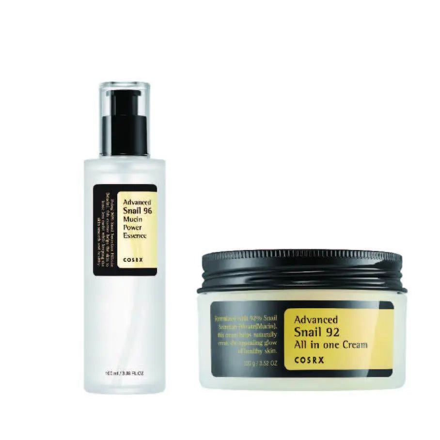 COSRX Snail Moisture Set with skincare products featuring snail mucine for hydrating and nourishing skin care routine.