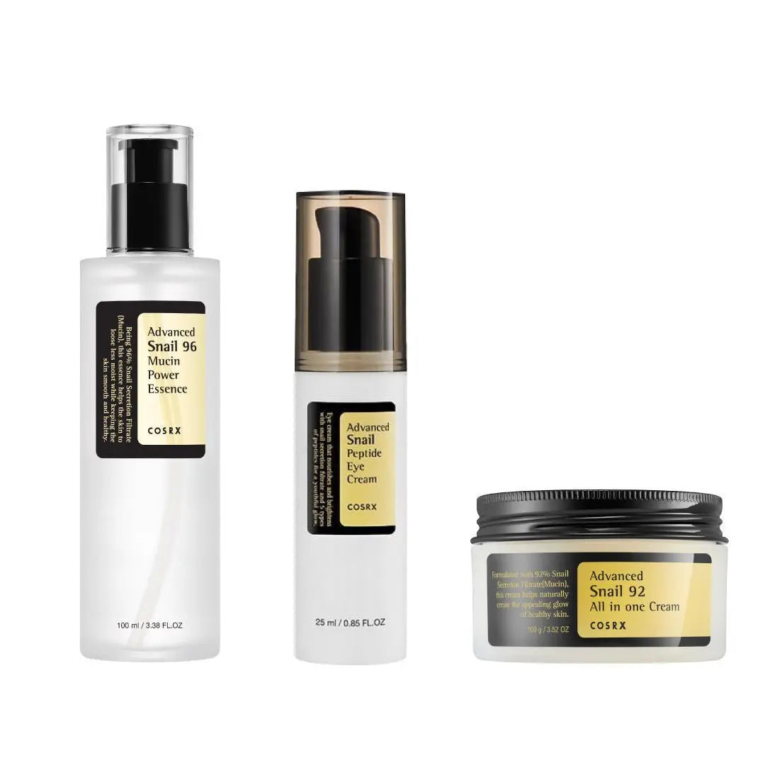 Cosrx Snail Skincare Set featuring bottles of snail mucin essence, moisturizer, and toner for nourishing skin care.
