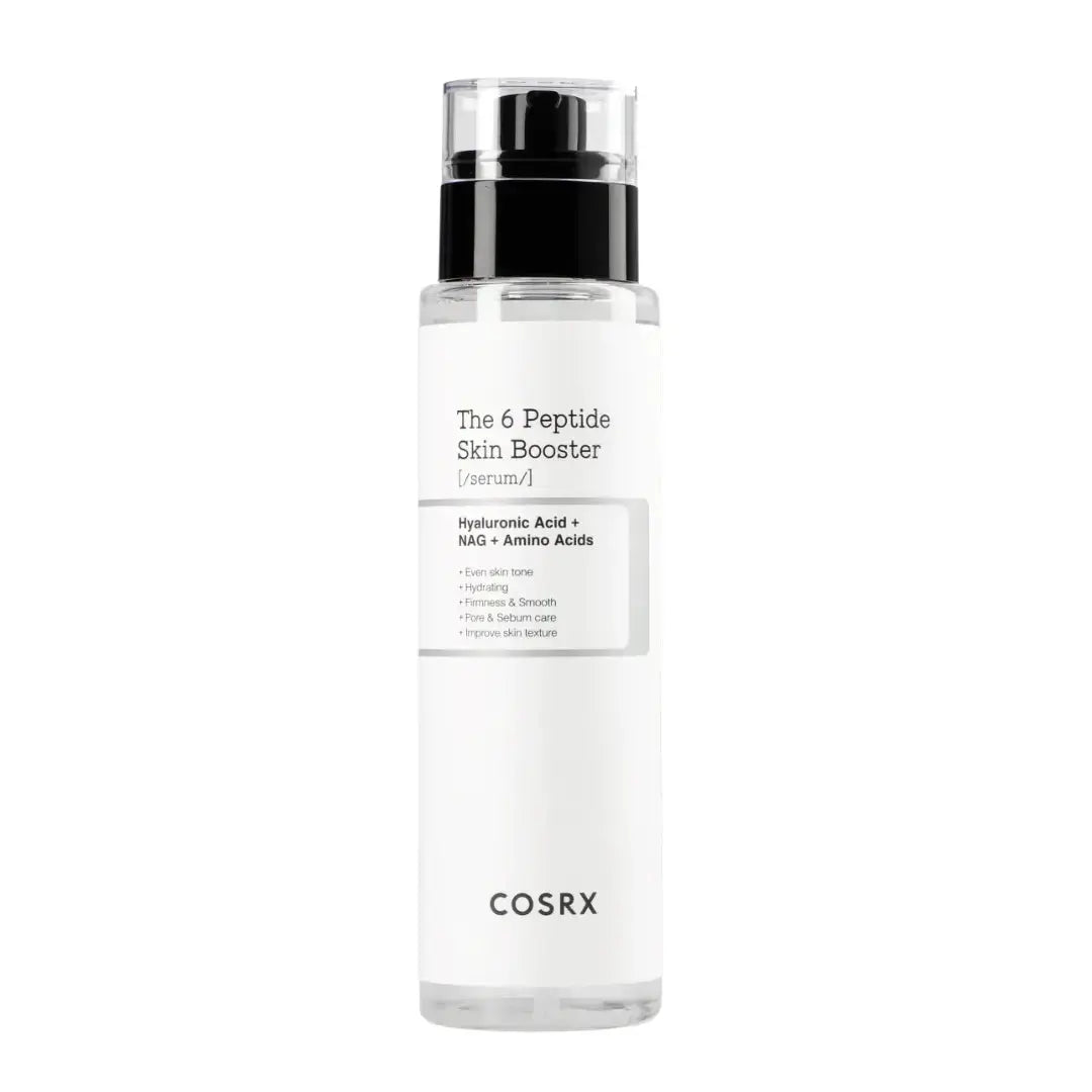 COSRX The 6 Peptide Skin Booster 150 ml bottle, clear liquid skincare product with a white cap, designed to improve skin elasticity.
