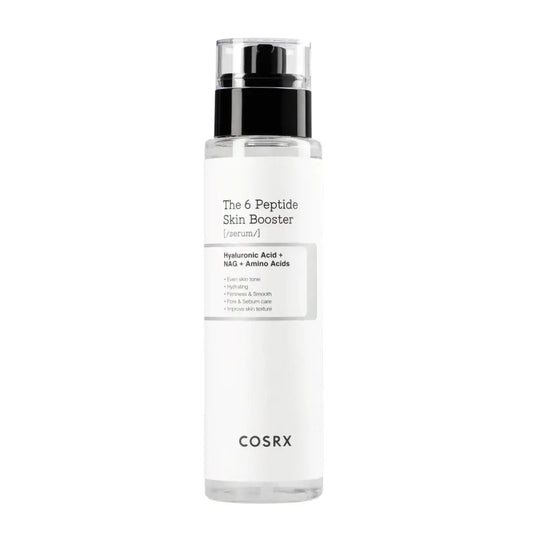 COSRX The 6 Peptide Skin Booster 150 ml bottle, clear liquid skincare product with a white cap, designed to improve skin elasticity.