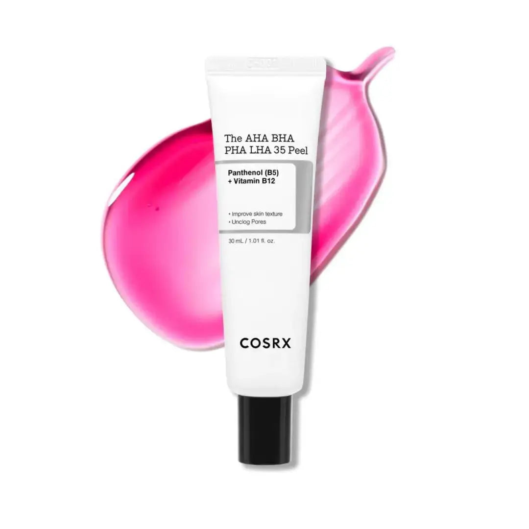 COSRX The AHA BHA PHA LHA 35 Peel 30 ml bottle showing the skincare product with a white label and clear liquid inside.