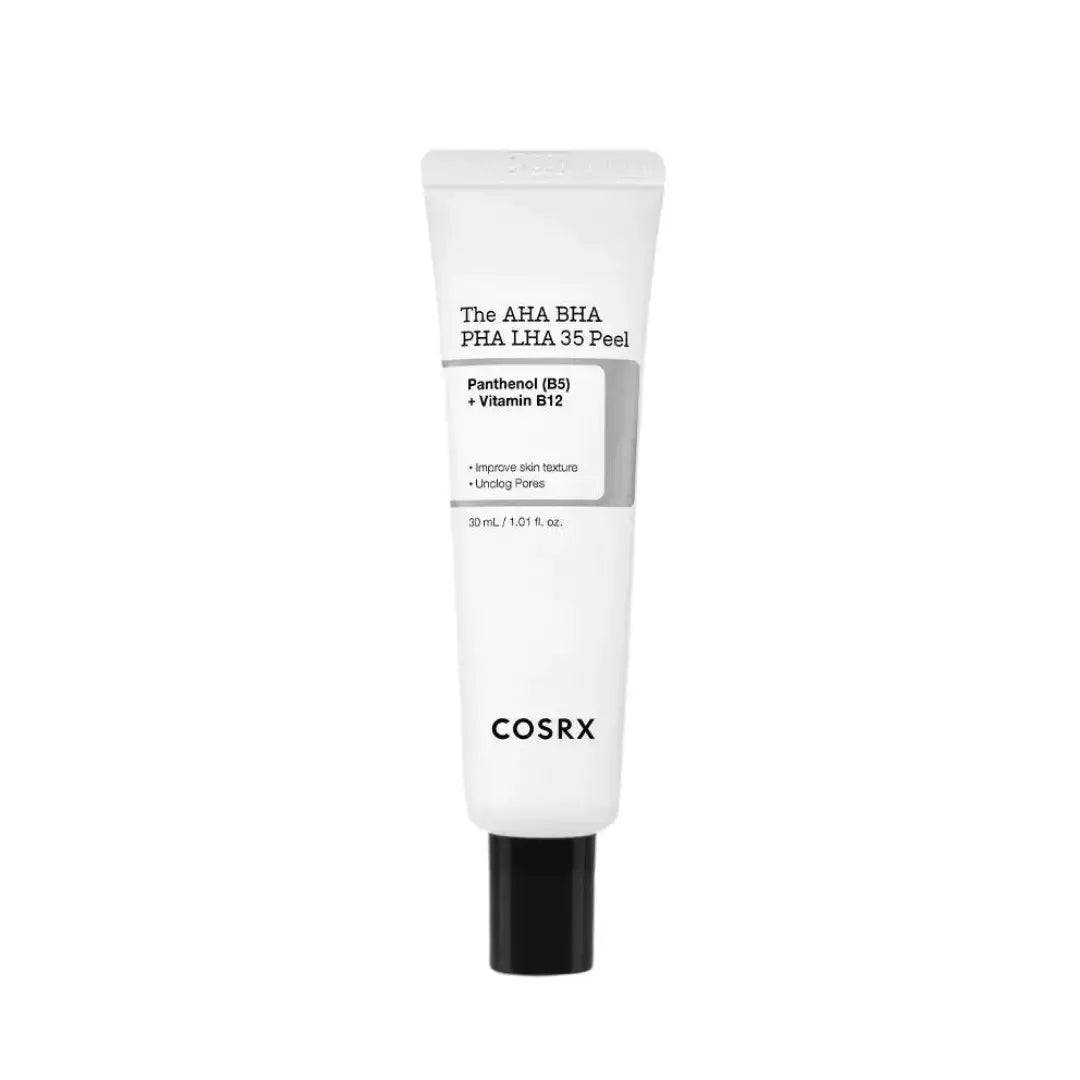 COSRX The AHA BHA PHA LHA 35 Peel in 30 ml, a skincare product with exfoliating acids and active ingredients for skin renewal.