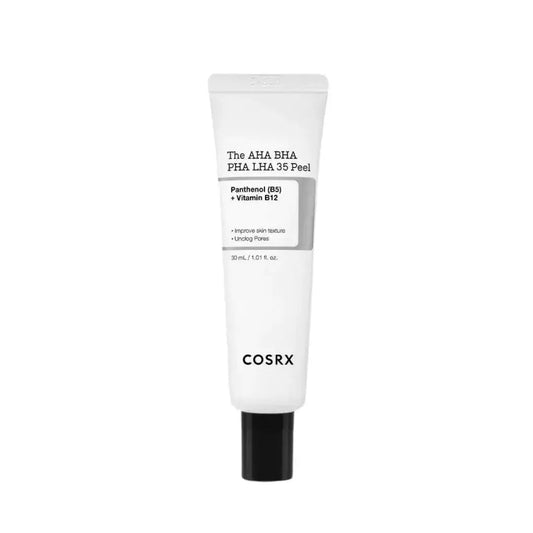 COSRX The AHA BHA PHA LHA 35 Peel in 30 ml, a skincare product with exfoliating acids and active ingredients for skin renewal.