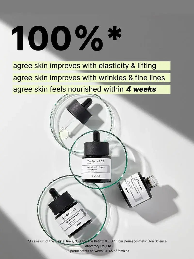 COSRX The Retinol 0.5 Oil 20 ml bottle, a skincare product with retinol for smoothing and improving skin texture.