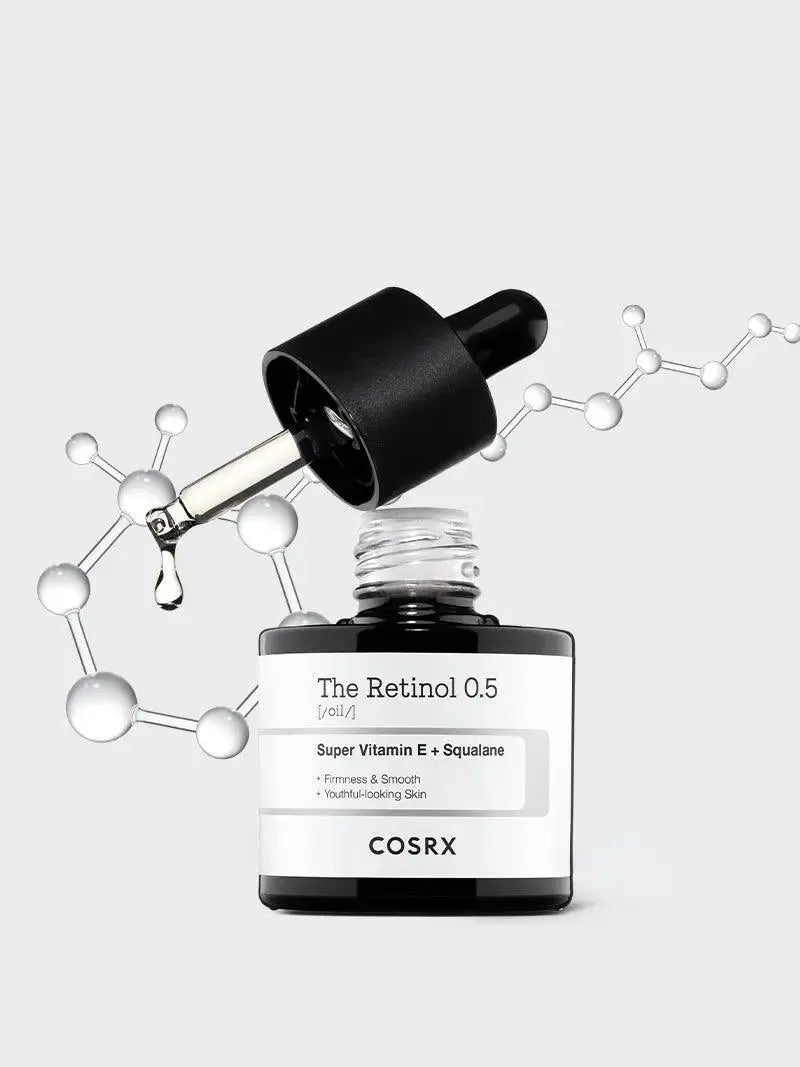 COSRX The Retinol 0.5 Oil in 20ml bottle, featuring clear packaging and dropper for skincare application.