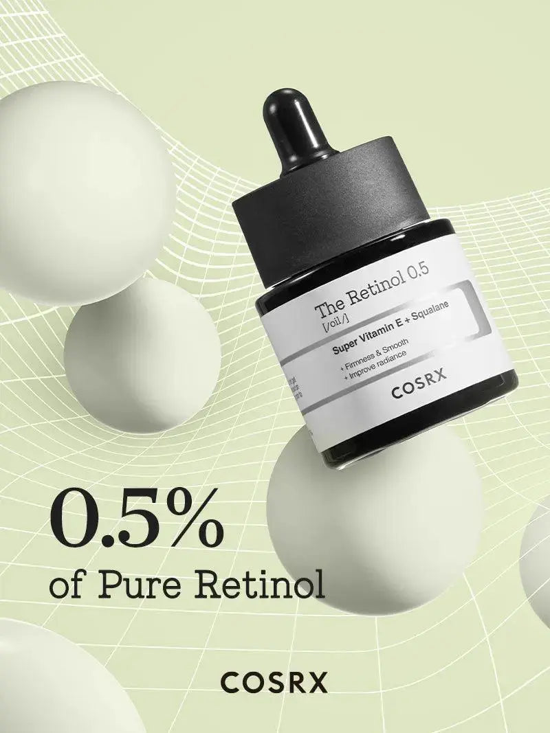 COSRX The Retinol 0.5 Oil 20 ml, a clear bottle with dropper cap, showcasing the skincare product for anti-aging and skin renewal.