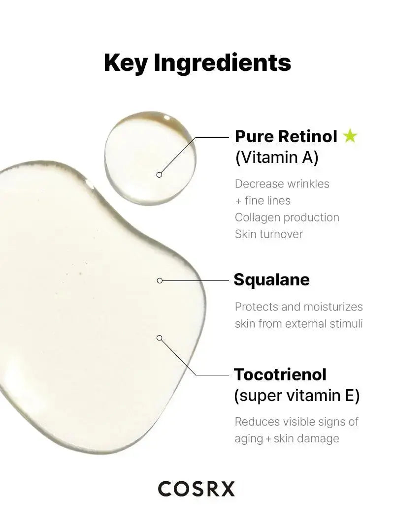 COSRX The Retinol 0.5 Oil in a 20 ml bottle, clear liquid with dropper, designed for skincare and anti-aging treatment.