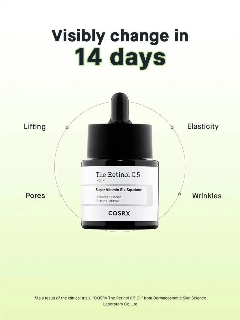 COSRX The Retinol 0.5 Oil 20 ml, a skincare product in a clear bottle with a pump dispenser, designed for gentle skin renewal.
