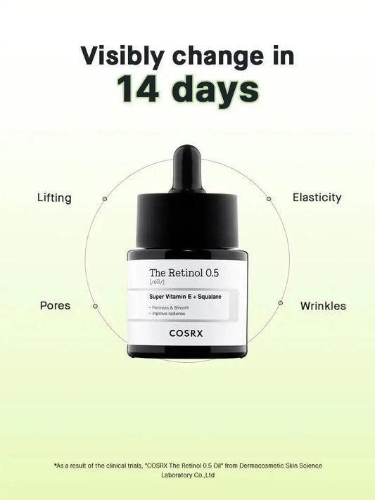 COSRX The Retinol 0.5 Oil 20 ml, a skincare product in a clear bottle with a pump dispenser, designed for gentle skin renewal.