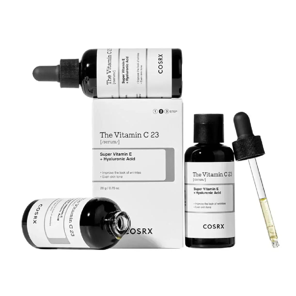 Cosrx The Vitamin C 23 Serum in 20ml bottle, brightening skincare product with orange liquid and dropper applicator.