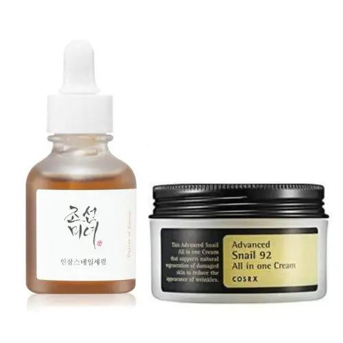 Cosrx and Beauty of Joseon Snail Set featuring cream and serum, with jar and bottle visible on a neutral background.