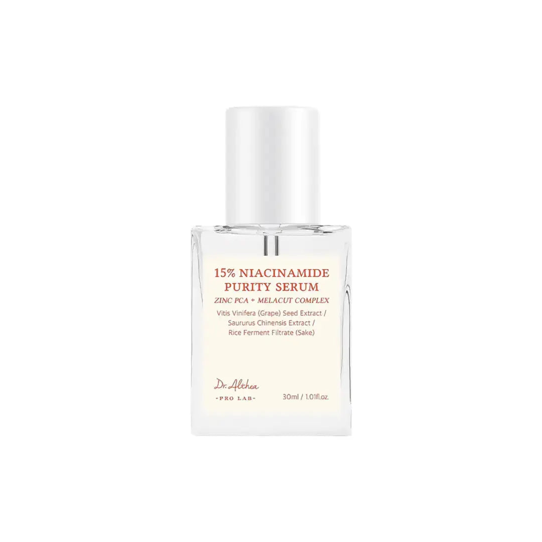 DR ALTHEA 15% Niacinamide Purity Serum in a 30 ml bottle, showcasing the clear serum inside the bottle.