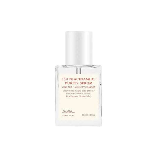 DR ALTHEA 15% Niacinamide Purity Serum in a 30 ml bottle, showcasing the clear serum inside the bottle.