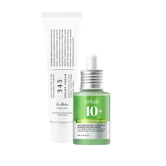 Set of Dr. Althea 345 Relief Cream and Anua Azelaic Acid 10% Hyaluron Serum, skincare products for skin soothing and brightening.