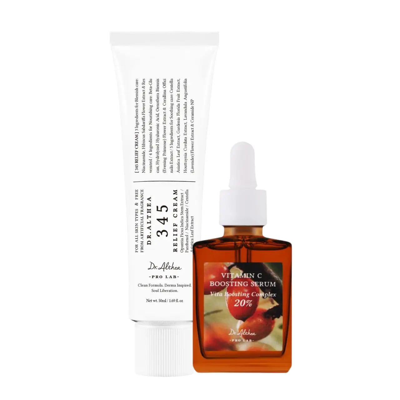DR ALTHEA 345 Relief Cream and Vitamin C Boosting Serum set shown with cream jar and serum bottle on a white background.