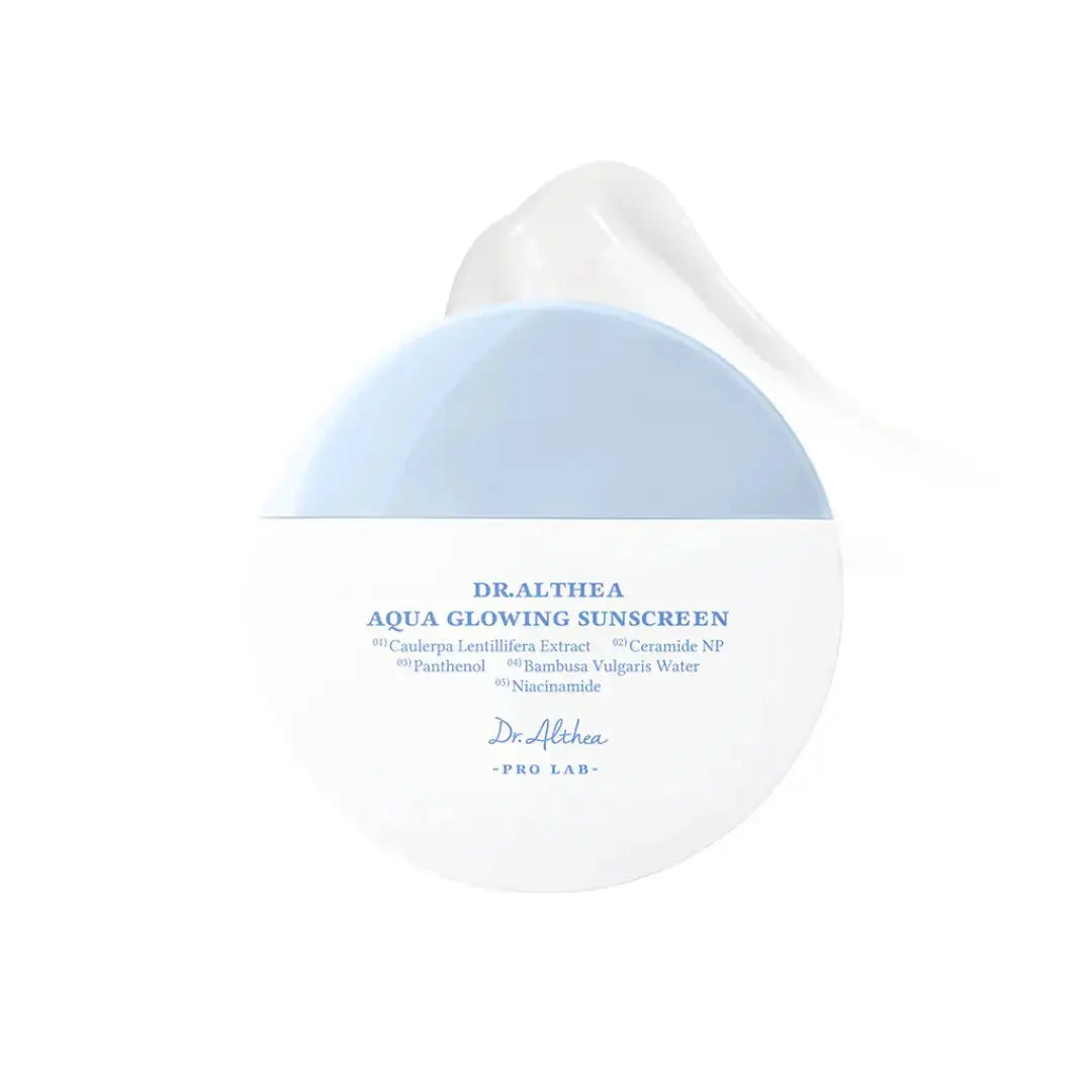 DR ALTHEA Aqua Glowing Sunscreen 45 ml bottle with clear labeling and pump dispenser, showcasing the hydrating sunscreen for face and skin