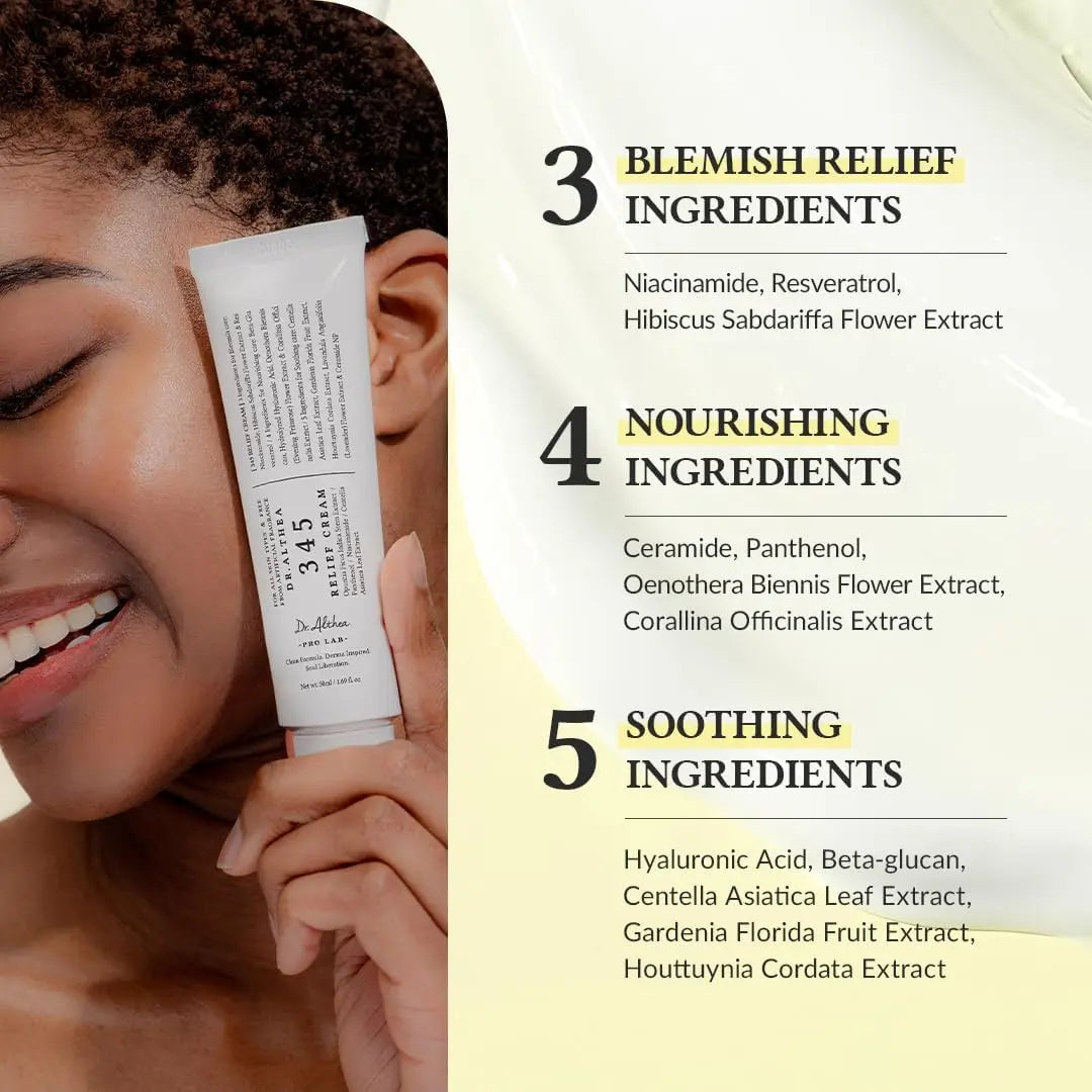 Dr Althea 345 Relief Cream in a 50ML jar, soothing cream with a lightweight texture for skin relief and hydration.