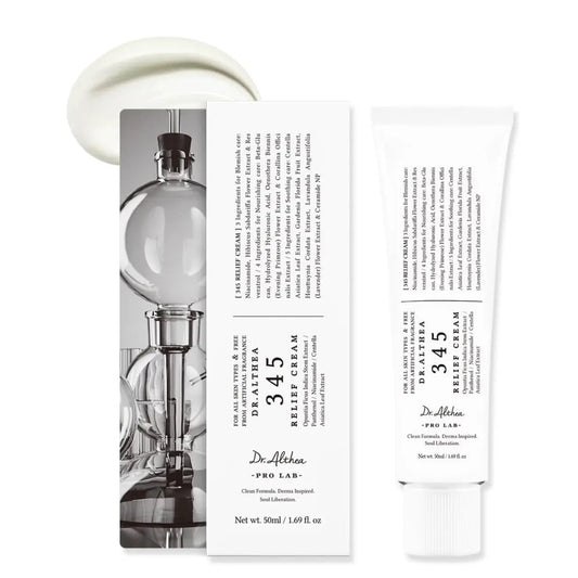 Dr Althea 345 Relief Cream 50ML jar showing the white cream inside with the product label on the packaging.
