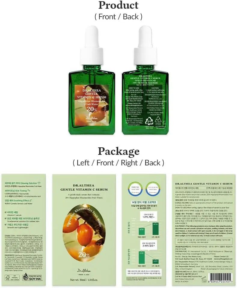 DR ALTHEA Gentle Vitamin C Serum in a 30ml bottle, featuring a clear liquid formula for brightening and skin nourishment.