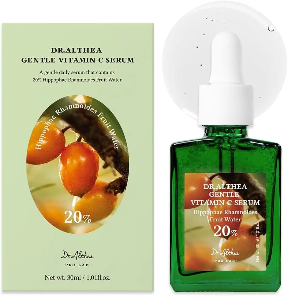DR ALTHEA Gentle Vitamin C Serum in a 30ml bottle, clear liquid serum with a dropper for brightening and skincare.