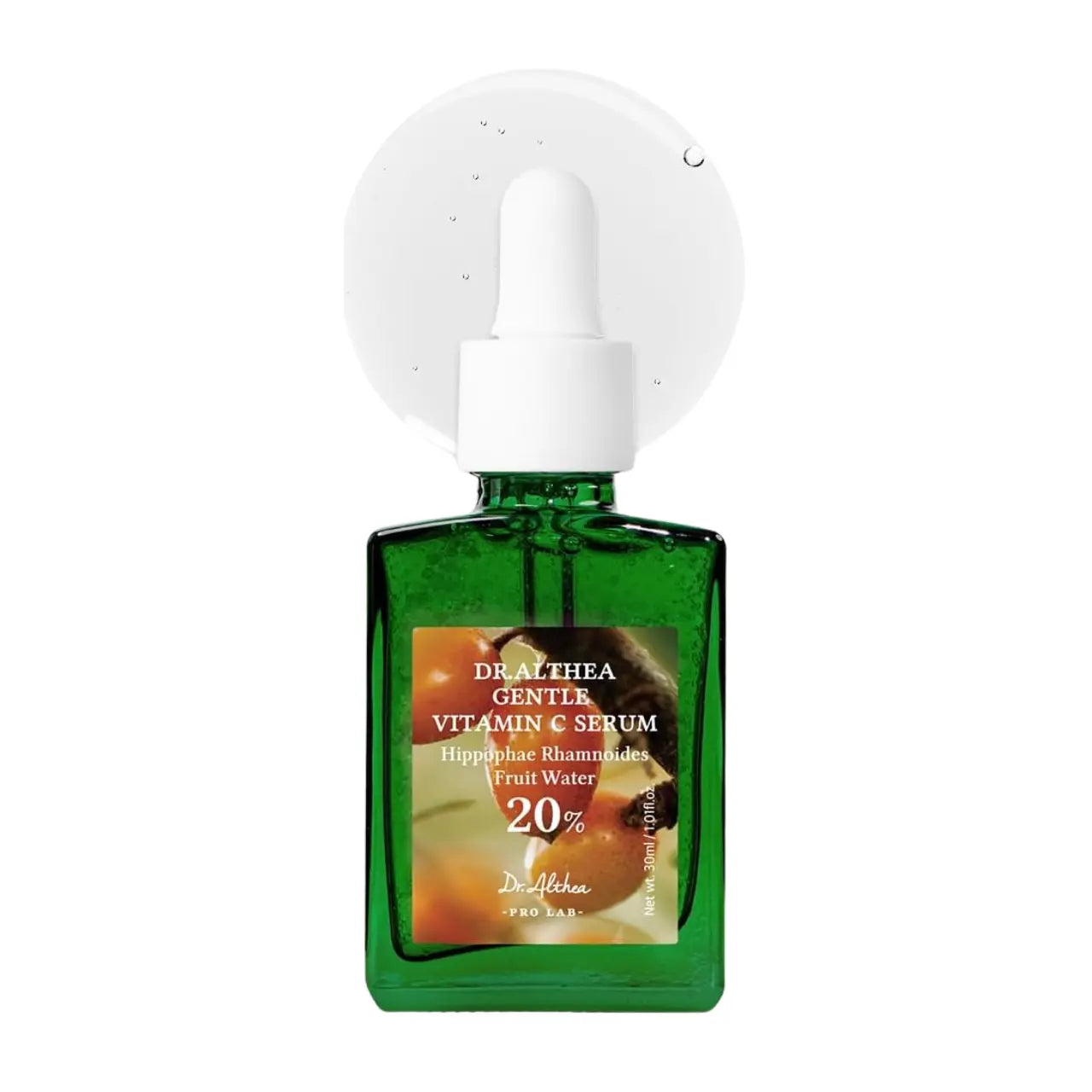 DR ALTHEA Gentle Vitamin C Serum 30ml bottle, clear liquid serum in a sleek, white and orange packaging with dropper applicator.