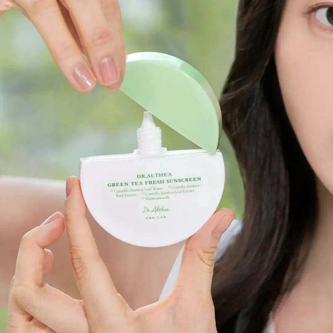 DR ALTHEA Green Tea Fresh Sunscreen 45 ml bottle showing the lightweight, eco-friendly packaging and product label.