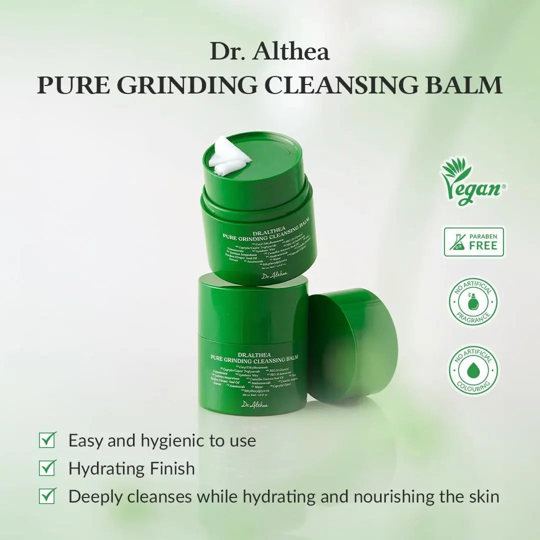 DR ALTHEA Pure Grinding Cleansing Balm in a jar, showcasing its smooth, creamy texture for gentle facial cleansing.