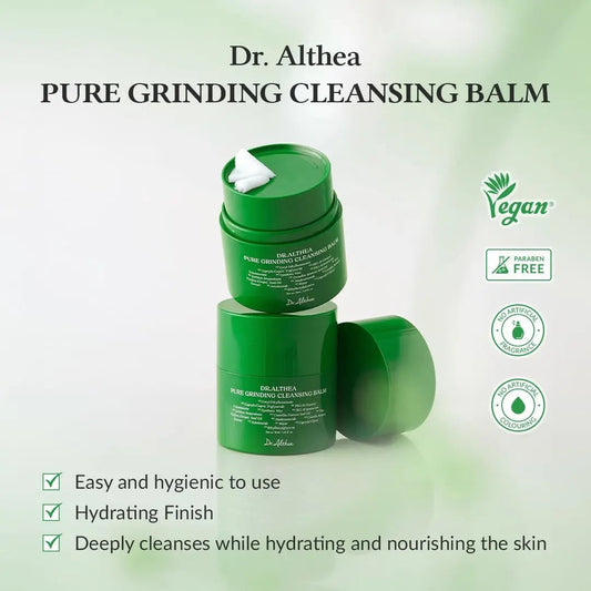 DR ALTHEA Pure Grinding Cleansing Balm in a jar, showcasing its smooth, creamy texture for gentle facial cleansing.