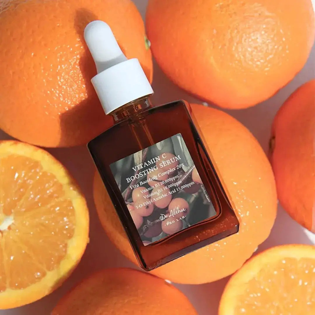 Dr Althea Vitamin C Boosting Serum bottle, clear serum in a sleek dropper bottle, emphasizing brightening skincare.