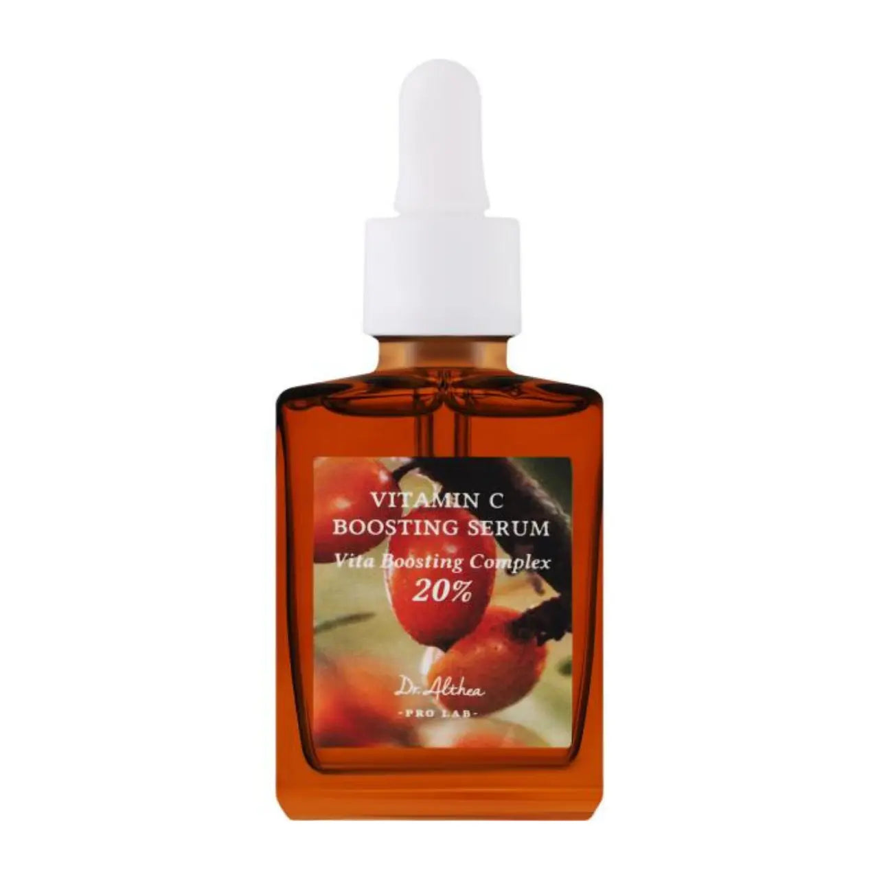 Dr Althea Vitamin C Boosting Serum in a clear glass bottle with dropper for brightening and skincare.