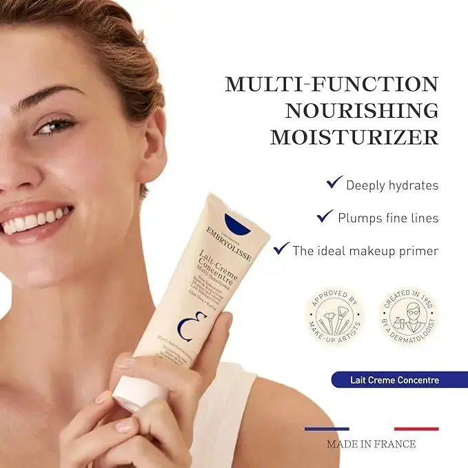 Embryolisse Lait Crème Concentré moisturizer in a 75ml tube, showcasing its smooth, creamy texture for versatile skin hydration.