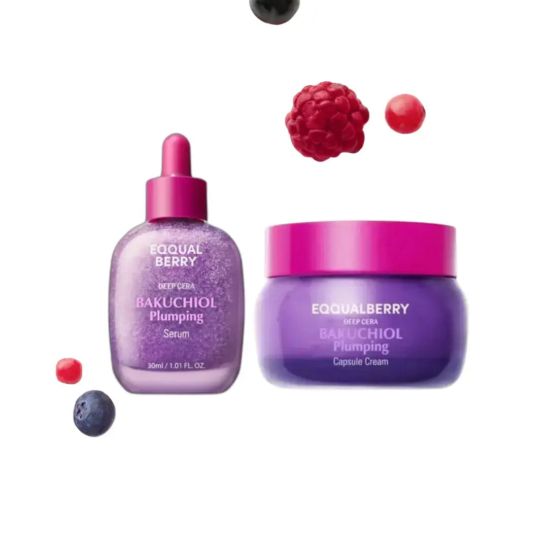 EQQUALBERRY Bakuchiol Glow Duo featuring serum and capsule cream for radiant skin, displayed in sleek bottles against a white background.