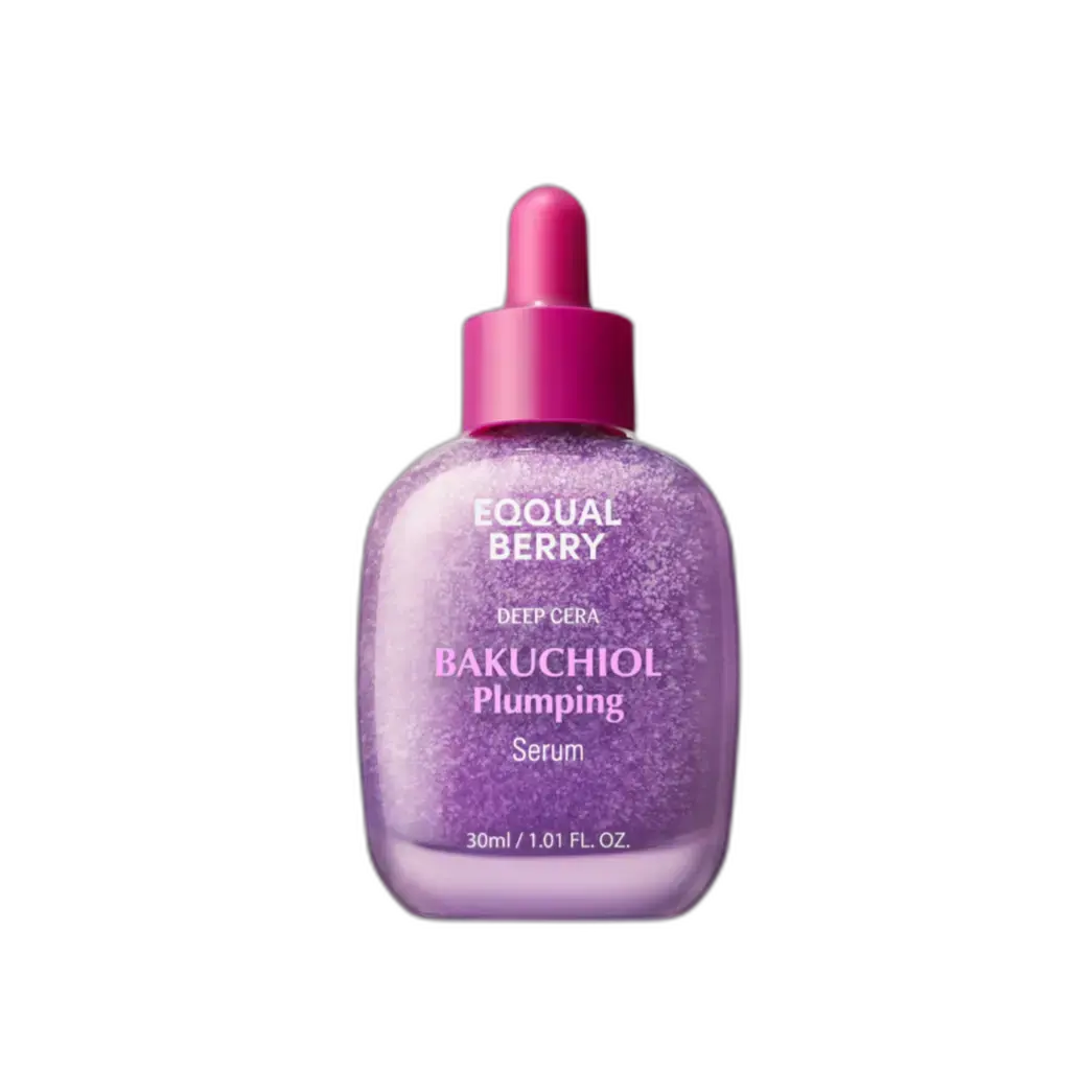EQQUALBERRY Bakuchiol Plumping Face Serum bottle, 30 ML, with clear labeling and sleek packaging for skincare.
