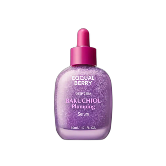 EQQUALBERRY Bakuchiol Plumping Face Serum bottle, 30 ML, with clear labeling and sleek packaging for skincare.