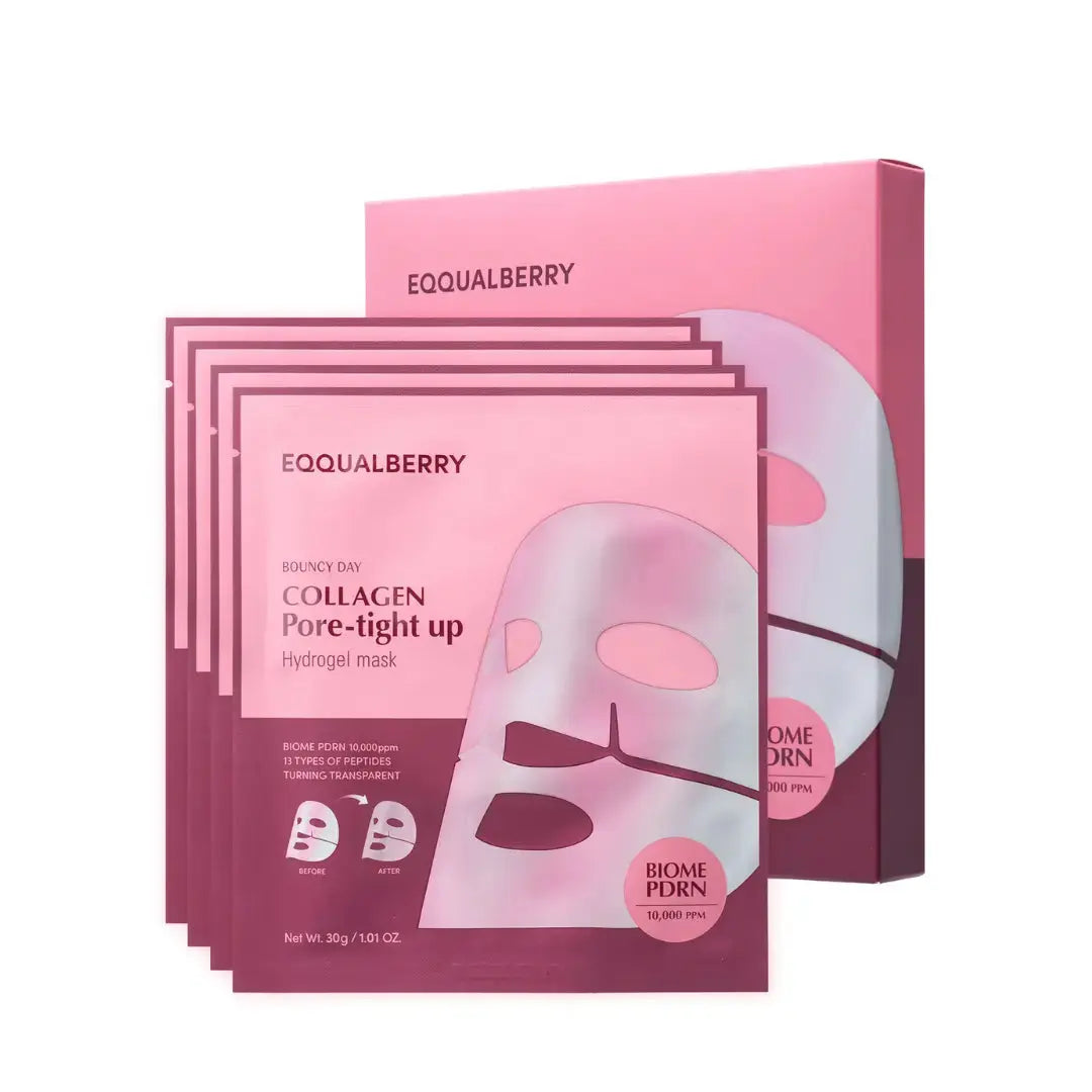 EQQUALBERRY Bouncy Day Collagen Pore-Tight Mask 4-pack, hydrating skincare mask with collagen for pore tightening and skin nourishment.
