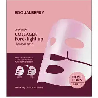EQQUALBERRY Bouncy Day Collagen Pore-Tight Mask set with four sheets for firm, smooth skin and pore minimization.