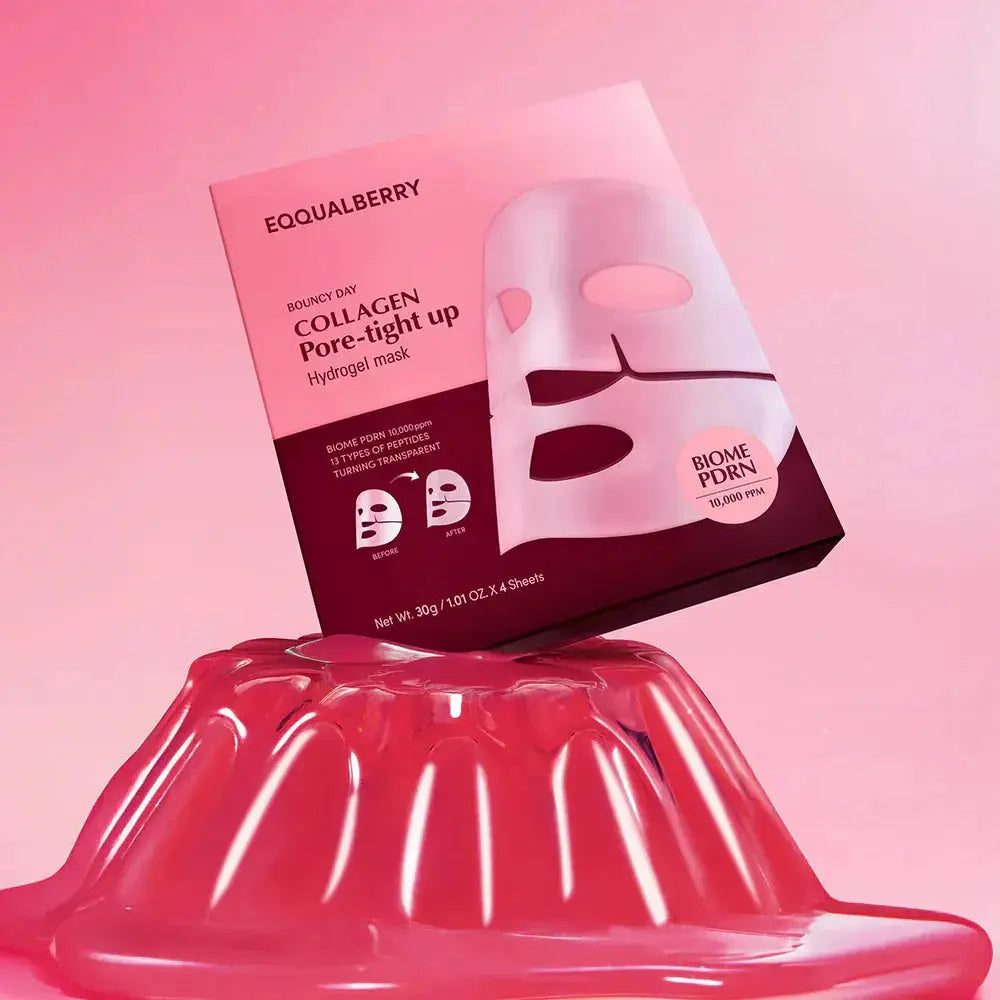EQQUALBERRY Bouncy Day Collagen Pore-Tight Mask set with four sheet masks for firm, smooth skin.