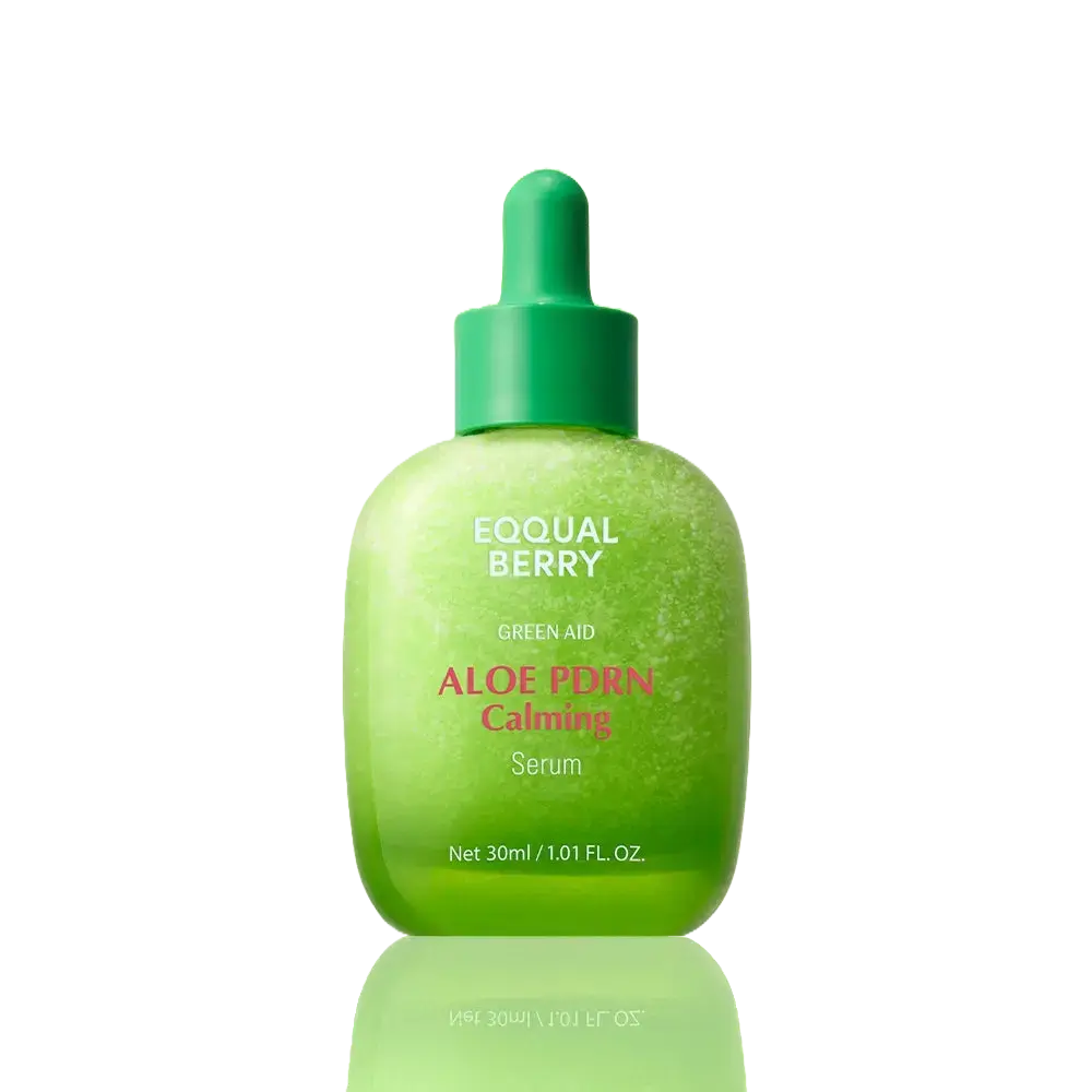 EQQUALBERRY Green Aid Aloe PDRN Calming Serum in a 30ml bottle, featuring soothing aloe and PDRN for skin calming and hydration.