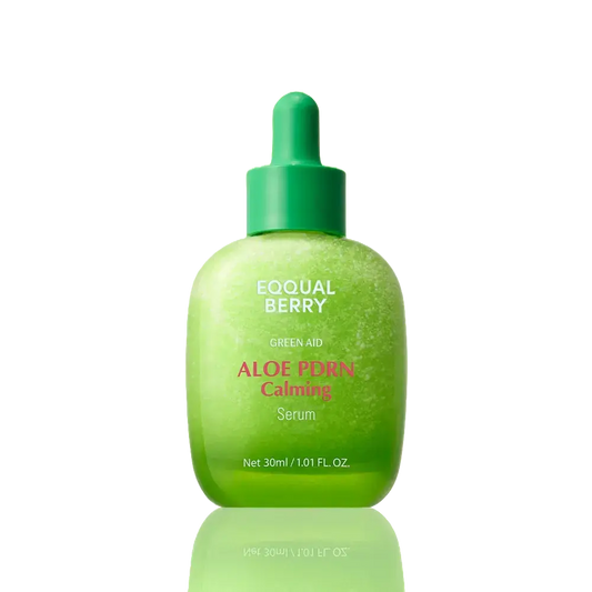 EQQUALBERRY Green Aid Aloe PDRN Calming Serum in a 30ml bottle, featuring soothing aloe and PDRN for skin calming and hydration.