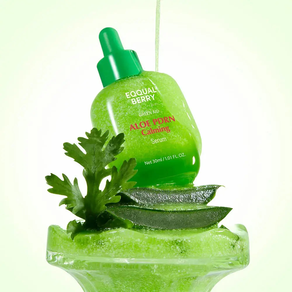EQQUALBERRY Green Aid Aloe PDRN Calming Serum in a 30ml bottle, showcasing the soothing green and clear packaging.