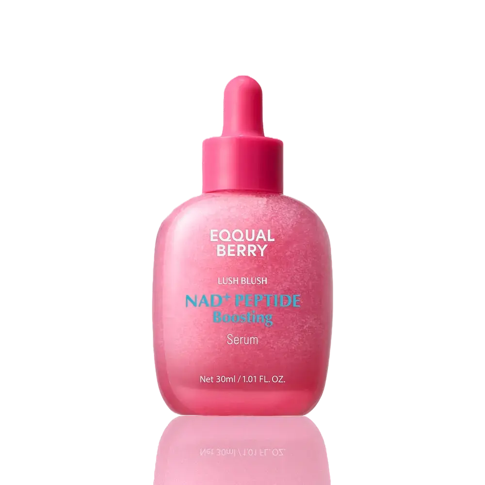 EQQUALBERRY Lush Blush NAD+ Peptide Boosting Serum 30ml, showing the serum bottle and product packaging.