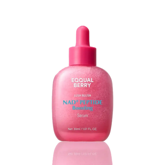 EQQUALBERRY Lush Blush NAD+ Peptide Boosting Serum 30ml, showing the serum bottle and product packaging.